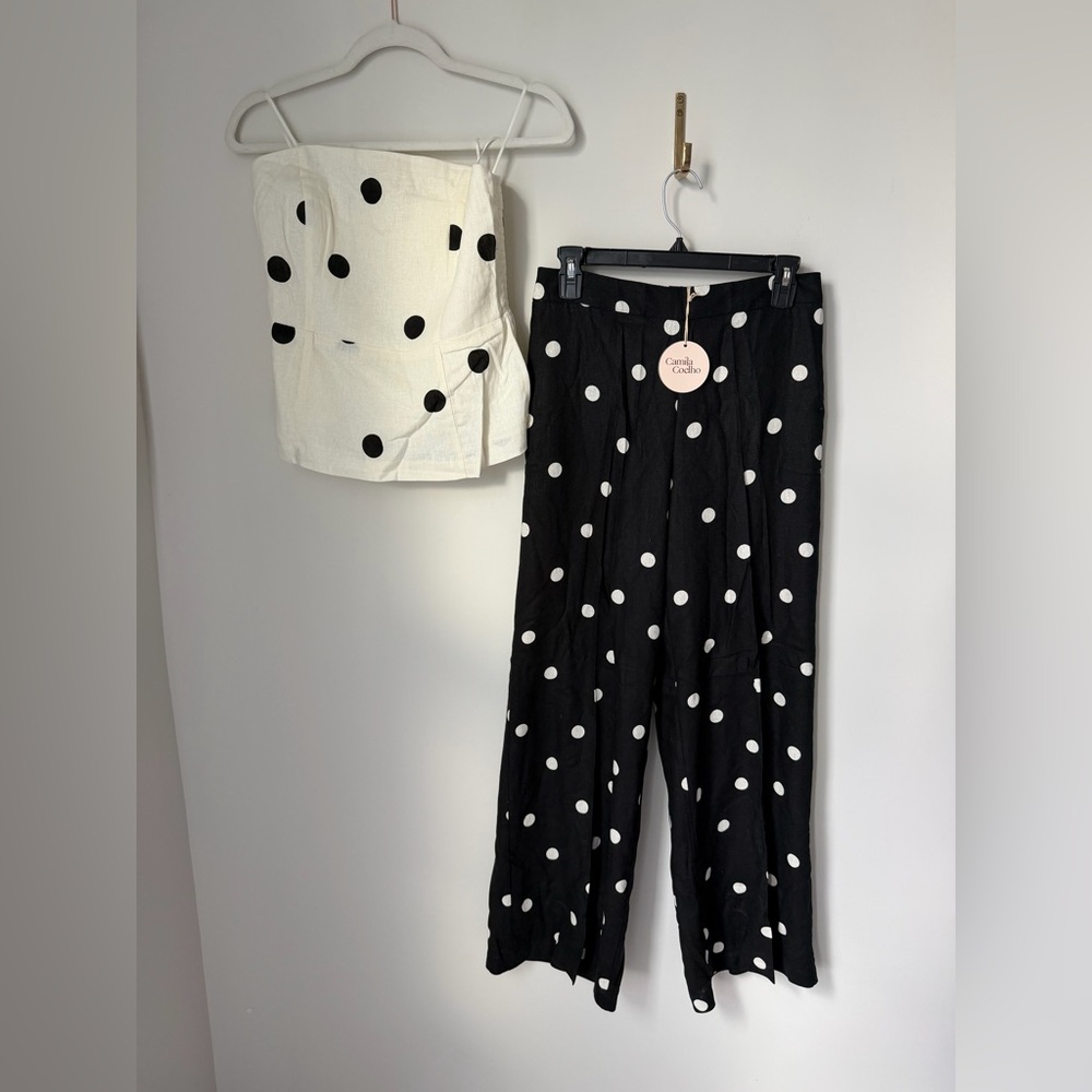 Camila Coelho Black and cream polka dot strapless top and pants set